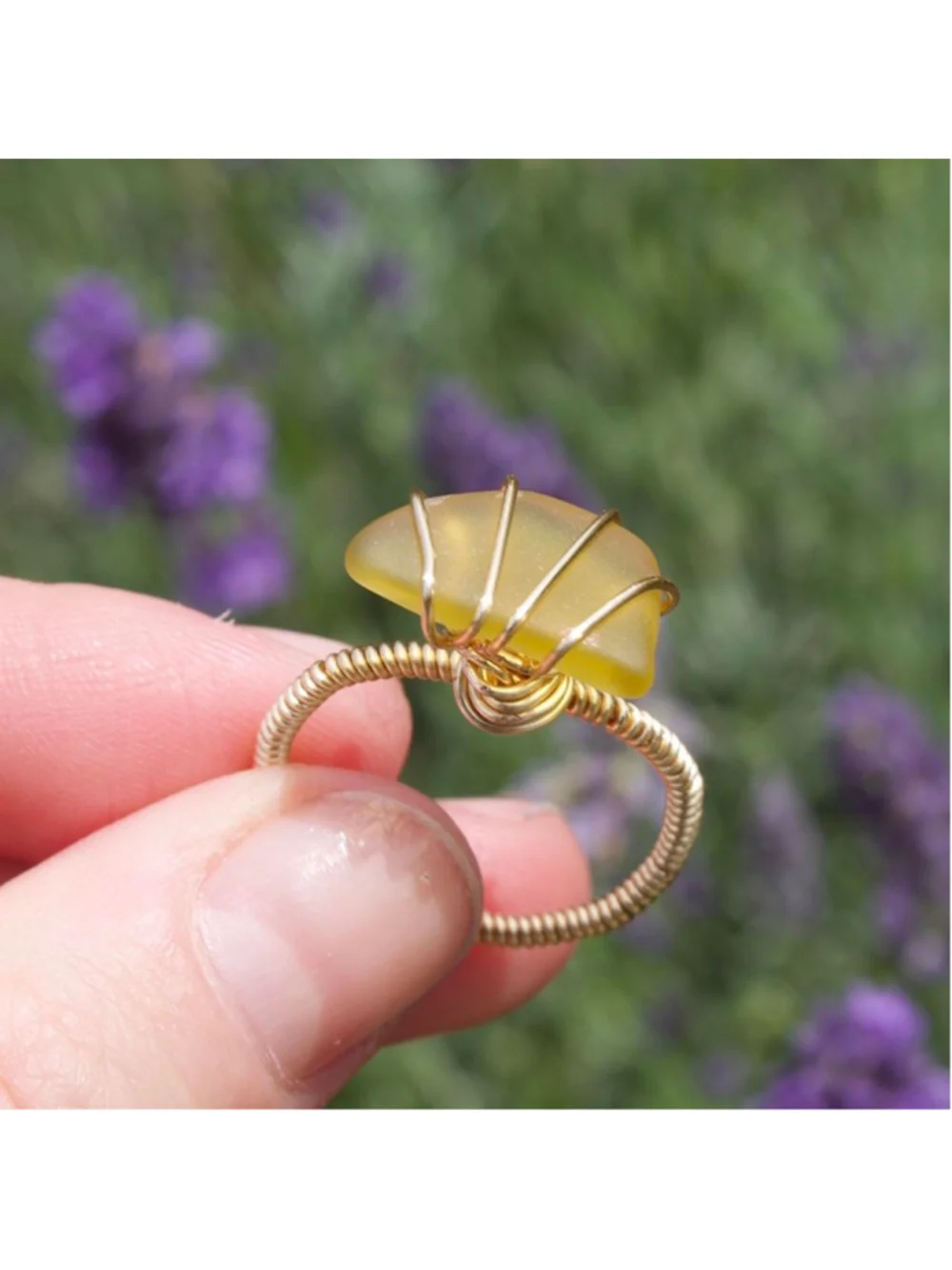 Handmade gold wire wrapped light light green/yellow seaglass ring 🌊💫 PM me wi